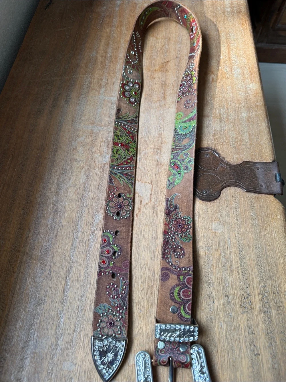 Embellished Brown Leather Western-Style Belt with Silver Buckle